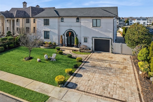 2854 Whaleneck Dr, Merrick, NY 11566 - view of front of property with decorative driveway, an attached garage, stucco siding, and a gate