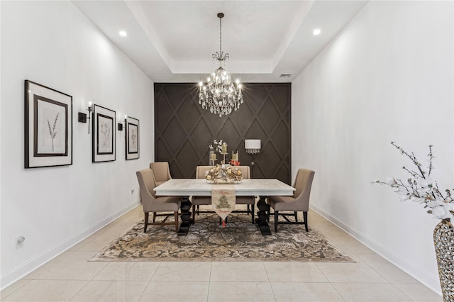 2854 Whaleneck Dr, Merrick, NY 11566 - dining room with baseboards, a chandelier, recessed lighting, an accent wall, and light marble finish flooring