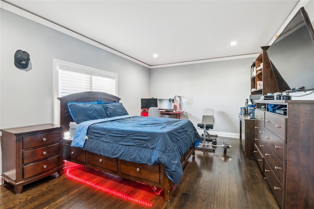 2854 Whaleneck Dr, Merrick, NY 11566 - bedroom featuring dark wood-style flooring, crown molding, baseboards, and recessed lighting