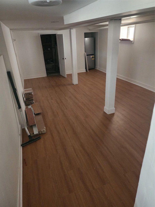 88-38 201st St, Hollis, NY 11423 - below grade area with fridge and wood finished floors
