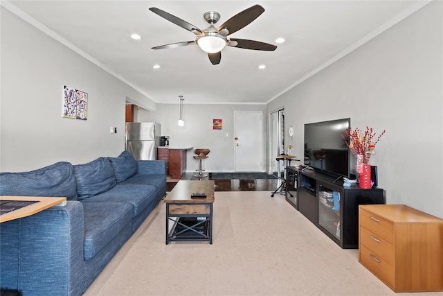 68-20 Selfridge St Unit 6J, Forest Hills, NY 11375 - living area featuring ceiling fan, recessed lighting, and crown molding