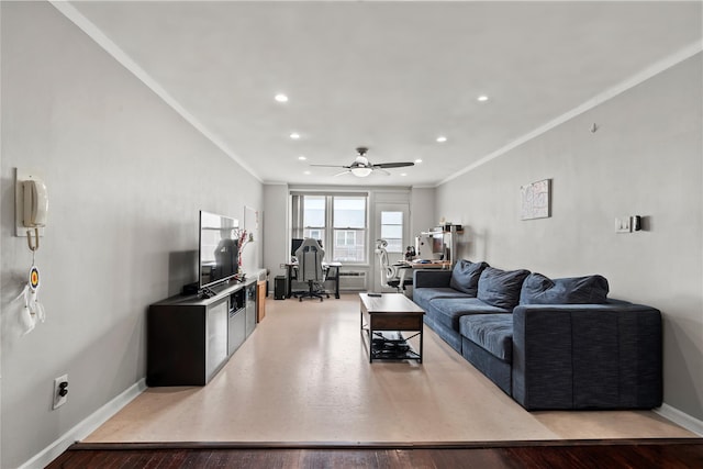 68-20 Selfridge St Unit 6J, Forest Hills, NY 11375 - living room with ornamental molding, baseboards, recessed lighting, ceiling fan, and an office area