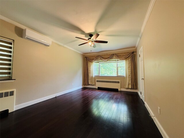 56 Elwood Rd, Northport, NY 11768 - unfurnished room featuring radiator heating unit, ceiling fan, ornamental molding, a wall mounted AC, and dark wood-style flooring