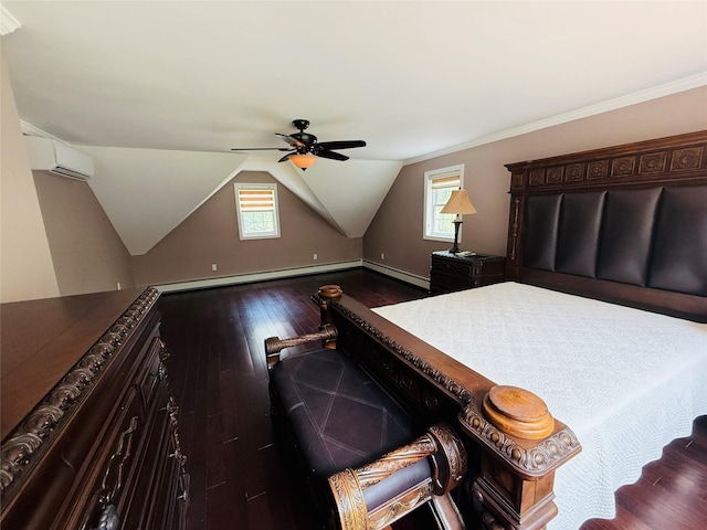 56 Elwood Rd, Northport, NY 11768 - bedroom with a wall mounted air conditioner, a baseboard radiator, multiple windows, wood finished floors, and lofted ceiling