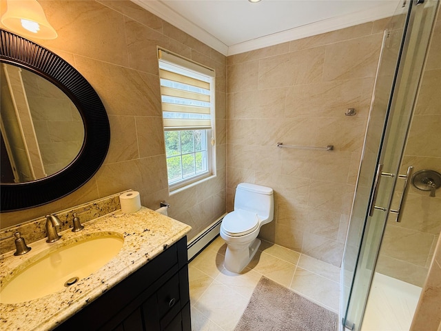 56 Elwood Rd, Northport, NY 11768 - full bathroom with a baseboard heating unit, vanity, a shower stall, toilet, and tile walls