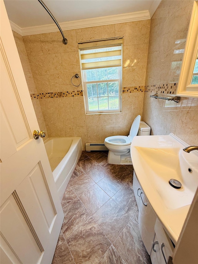 56 Elwood Rd, Northport, NY 11768 - bathroom featuring baseboard heating, crown molding, toilet, tile walls, and vanity