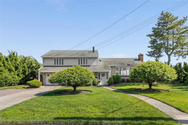 167 Secatogue Ln W, West Islip, NY 11795 - tri-level home with driveway, a front yard, a chimney, a garage, and roof with shingles