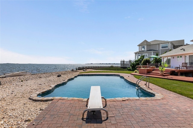 167 Secatogue Ln W, West Islip, NY 11795 - swimming pool with a deck with water view, a patio, and a diving board