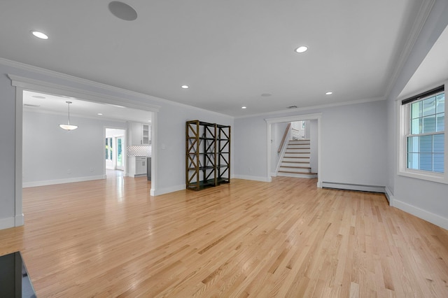56 Washington Ave, Garden City, NY 11530 - unfurnished living room featuring baseboard heating, ornamental molding, stairway, recessed lighting, and light wood-style flooring