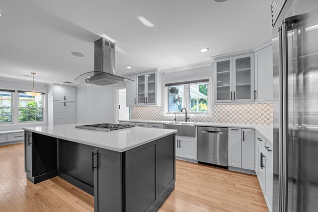 56 Washington Ave, Garden City, NY 11530 - kitchen featuring appliances with stainless steel finishes, island range hood, a sink, a kitchen island, and light wood finished floors