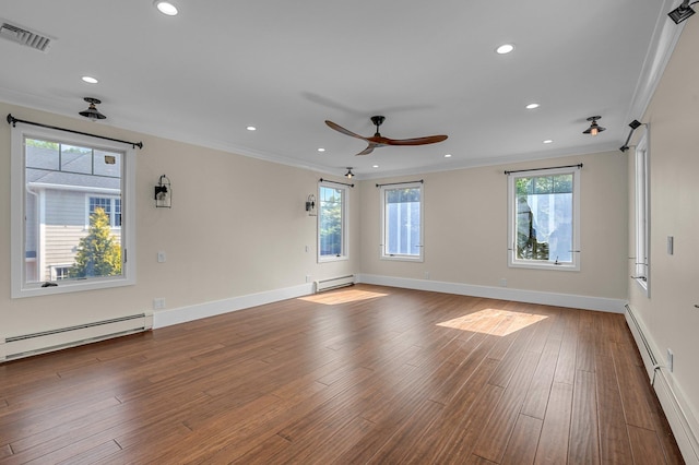 56 Washington Ave, Garden City, NY 11530 - unfurnished room with a baseboard radiator, ornamental molding, ceiling fan, wood finished floors, and recessed lighting