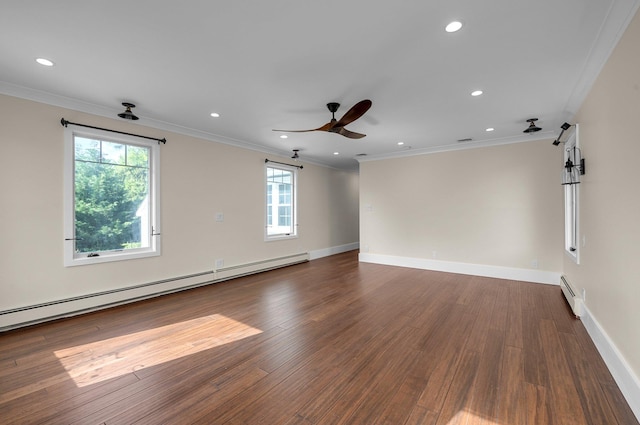 56 Washington Ave, Garden City, NY 11530 - spare room featuring a baseboard heating unit, baseboard heating, plenty of natural light, dark wood-style floors, and crown molding