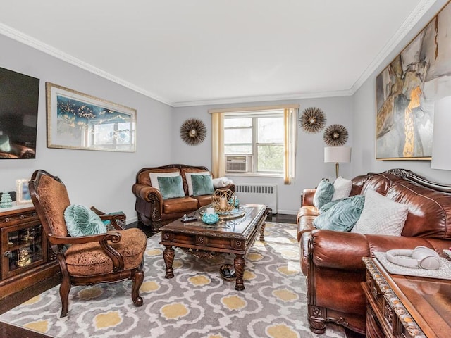 1234 Midland Ave Unit 5C, Bronxville, NY 10708 - living area with radiator, ornamental molding, baseboards, wood finished floors, and cooling unit