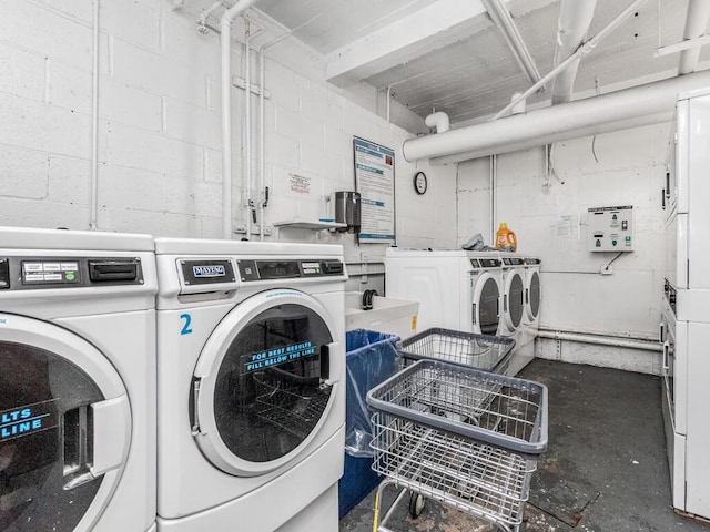 1234 Midland Ave Unit 5C, Bronxville, NY 10708 - communal laundry room with independent washer and dryer, concrete block wall, and stacked washer and clothes dryer