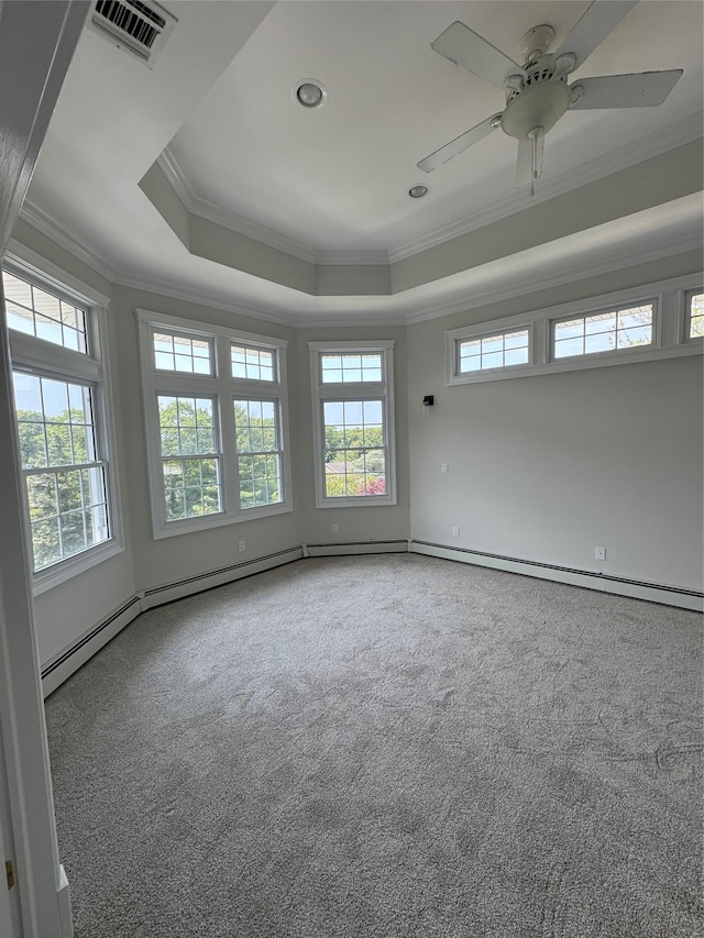 20 Frost Valley Rd, Mount Sinai, NY 11766 - carpeted spare room with ornamental molding, a tray ceiling, baseboards, ceiling fan, and recessed lighting