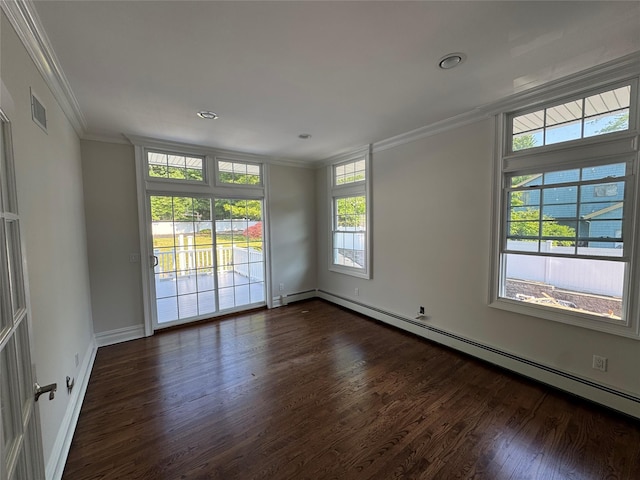 20 Frost Valley Rd, Mount Sinai, NY 11766 - empty room featuring ornamental molding, dark wood-style flooring, a baseboard heating unit, baseboards, and recessed lighting