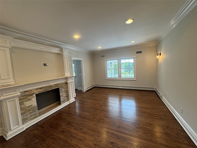 20 Frost Valley Rd, Mount Sinai, NY 11766 - unfurnished living room with crown molding, a baseboard heating unit, a stone fireplace, dark wood finished floors, and recessed lighting