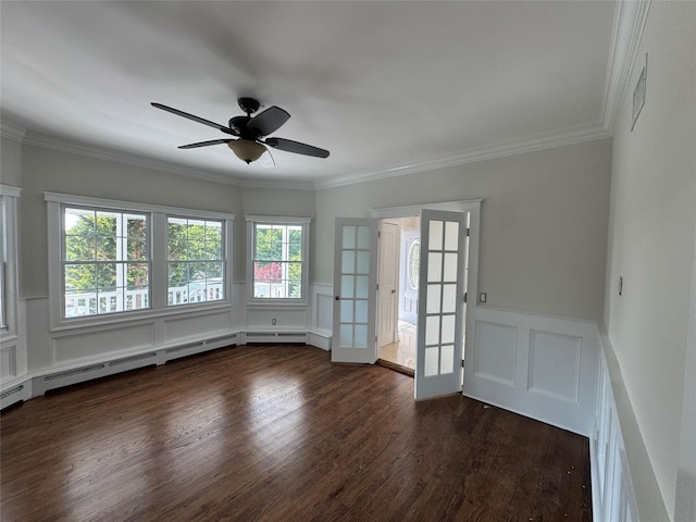 20 Frost Valley Rd, Mount Sinai, NY 11766 - empty room featuring french doors, dark wood-type flooring, a decorative wall, crown molding, and ceiling fan
