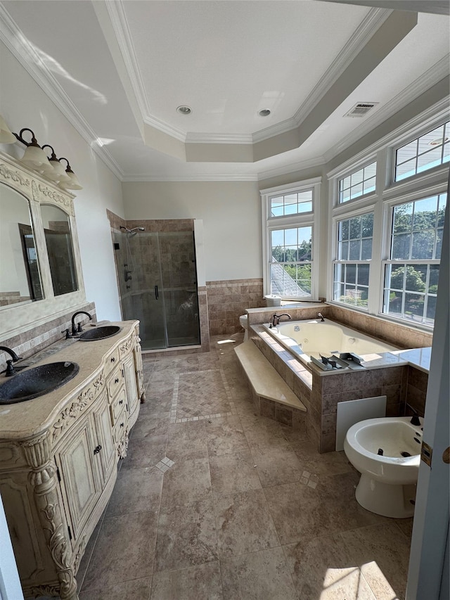 20 Frost Valley Rd, Mount Sinai, NY 11766 - full bathroom featuring a bidet, a tray ceiling, a stall shower, a garden tub, and double vanity