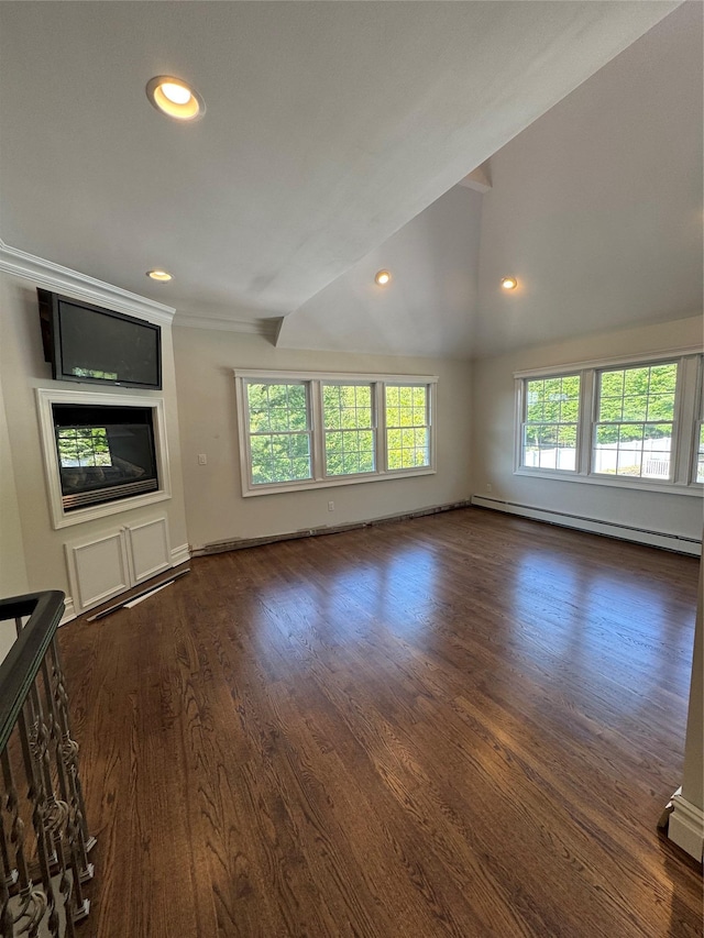 20 Frost Valley Rd, Mount Sinai, NY 11766 - unfurnished living room featuring baseboard heating, dark wood-type flooring, recessed lighting, and vaulted ceiling