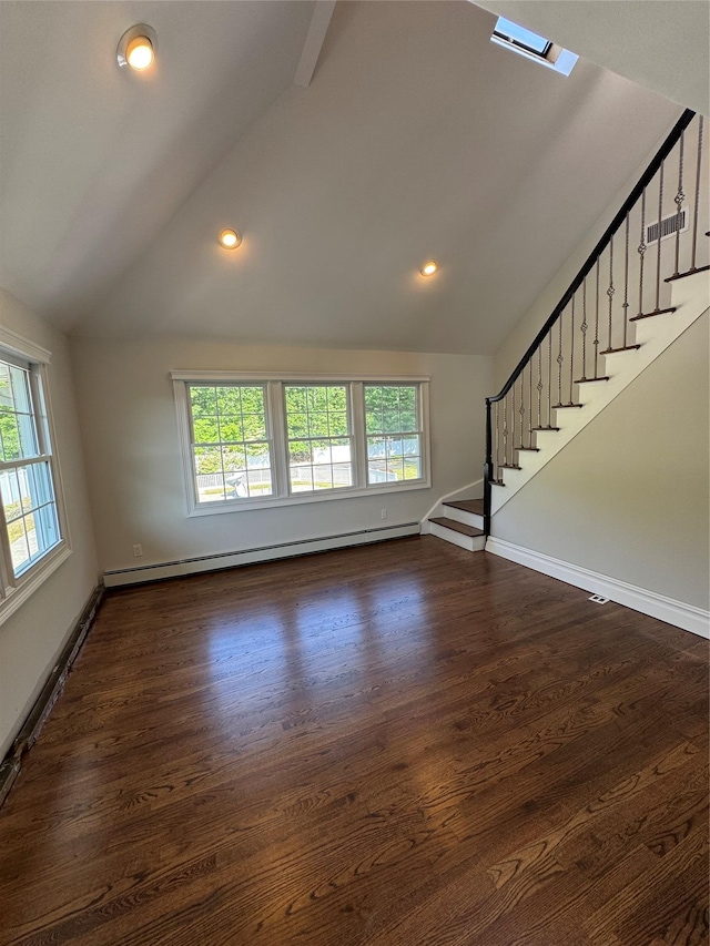 20 Frost Valley Rd, Mount Sinai, NY 11766 - unfurnished living room featuring lofted ceiling, plenty of natural light, stairs, a baseboard heating unit, and recessed lighting