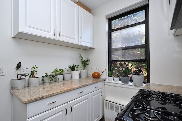 142 Garth Rd Unit 1A, Scarsdale, NY 10583 - kitchen with white cabinetry, black gas range oven, and radiator
