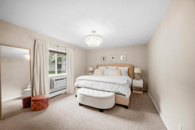 67 Richmond Blvd Unit 2A, Ronkonkoma, NY 11779 - bedroom featuring a chandelier, light carpet, a baseboard radiator, and baseboards