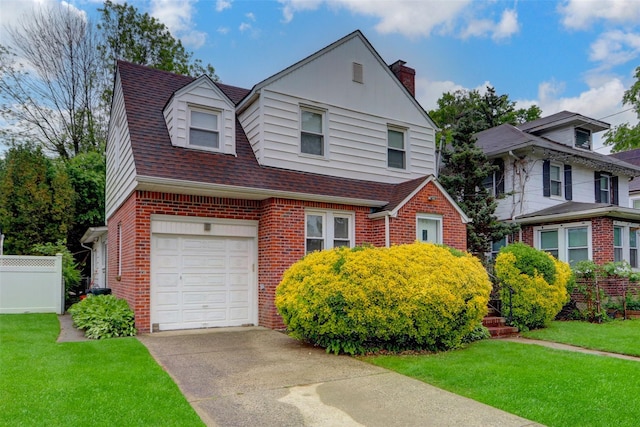 62 Herman Blvd, Franklin Square, NY 11010 - view of front facade featuring an attached garage, brick siding, a chimney, and driveway