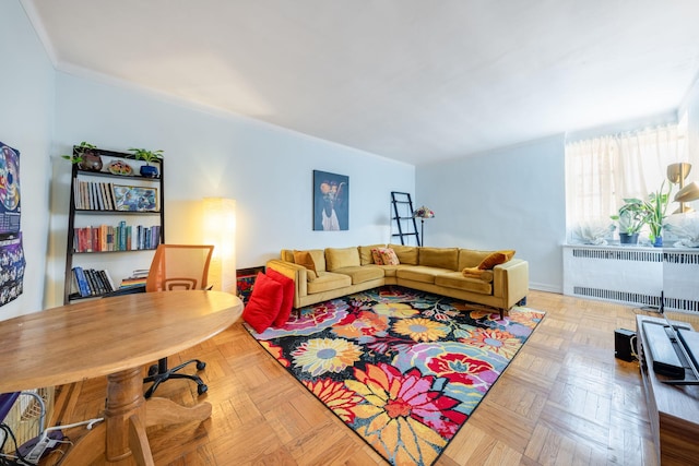 84-49 168th St Unit 6L, Jamaica Hills, NY 11432 - living area with radiator heating unit and crown molding