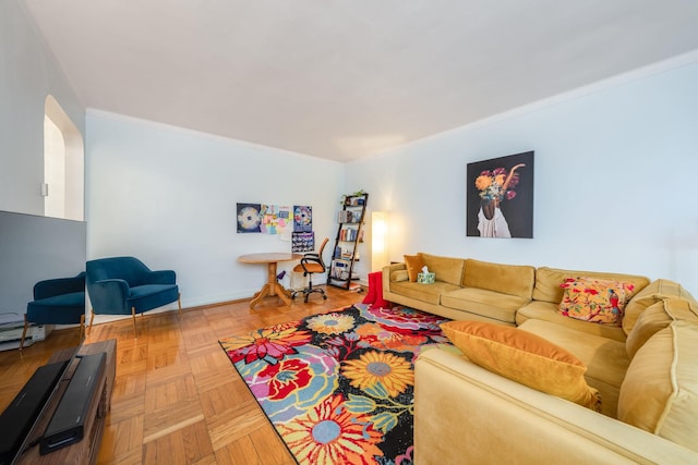 84-49 168th St Unit 6L, Jamaica Hills, NY 11432 - living room featuring crown molding and arched walkways