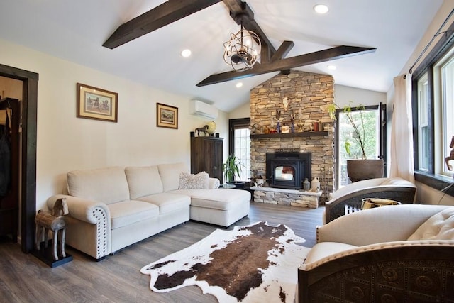 3060 State Route 17b, Cochecton, NY 12726 - living area with wood finished floors, an AC wall unit, a fireplace, and recessed lighting