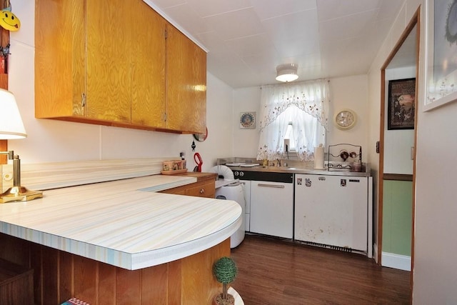3060 State Route 17b, Cochecton, NY 12726 - kitchen featuring dishwasher, a peninsula, dark wood finished floors, washer / clothes dryer, and light countertops