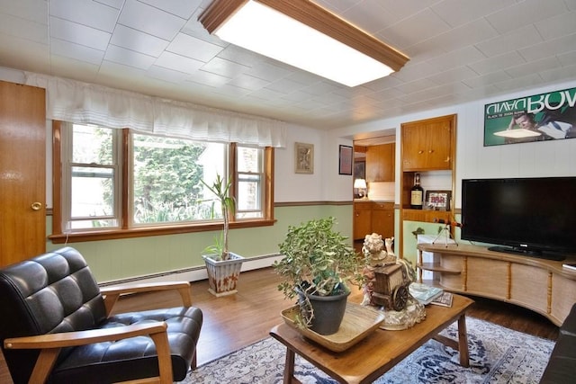 3060 State Route 17b, Cochecton, NY 12726 - living area with plenty of natural light, wood finished floors, a baseboard heating unit, and wood walls