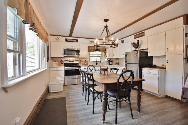 3060 State Route 17b, Cochecton, NY 12726 - dining area with a chandelier, wood finished floors, and beamed ceiling