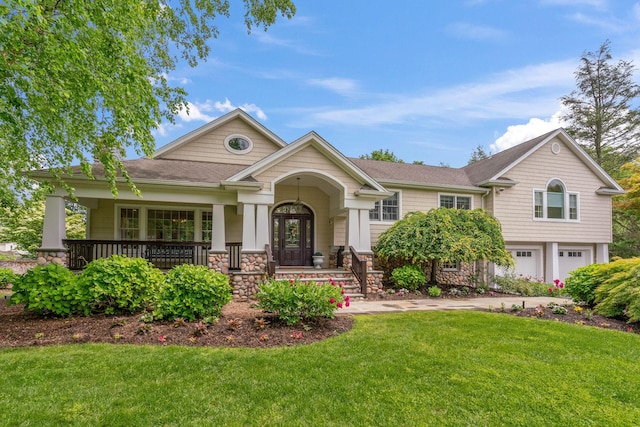 30 Salem Ridge Dr, Huntington, NY 11743 - view of front of house with covered porch, a garage, a front lawn, roof with shingles, and stone siding