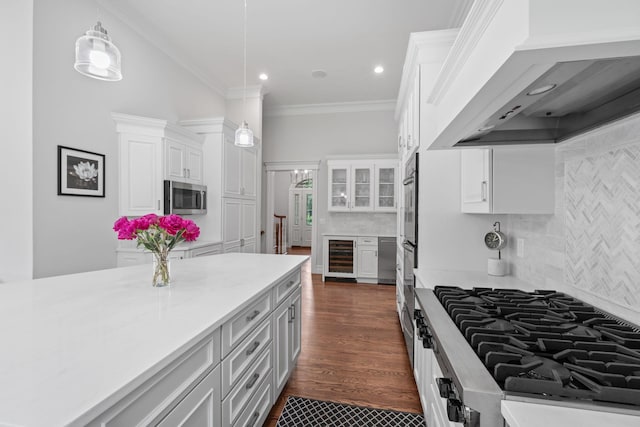 30 Salem Ridge Dr, Huntington, NY 11743 - kitchen featuring wall chimney range hood, appliances with stainless steel finishes, beverage cooler, white cabinets, and recessed lighting