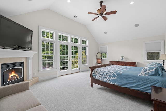 30 Salem Ridge Dr, Huntington, NY 11743 - carpeted bedroom featuring lofted ceiling, a high end fireplace, recessed lighting, a ceiling fan, and access to exterior