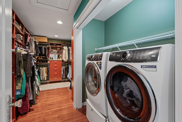 30 Salem Ridge Dr, Huntington, NY 11743 - laundry room featuring washing machine and dryer, wood finished floors, recessed lighting, and attic access