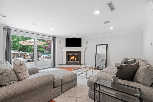 30 Salem Ridge Dr, Huntington, NY 11743 - living room with light wood-type flooring, crown molding, recessed lighting, and a lit fireplace