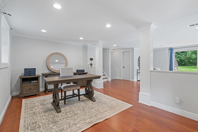 30 Salem Ridge Dr, Huntington, NY 11743 - office area featuring decorative columns, crown molding, baseboards, wood finished floors, and recessed lighting