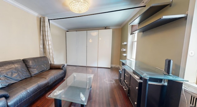 9410 64th Rd Unit B6, Rego Park, NY 11374 - living room with ornamental molding, dark wood-style flooring, and a chandelier