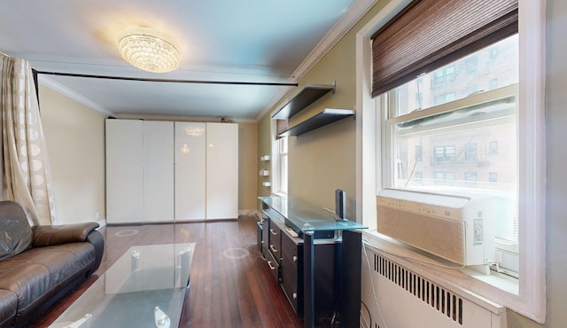 9410 64th Rd Unit B6, Rego Park, NY 11374 - living room with crown molding, radiator, and dark wood-style flooring