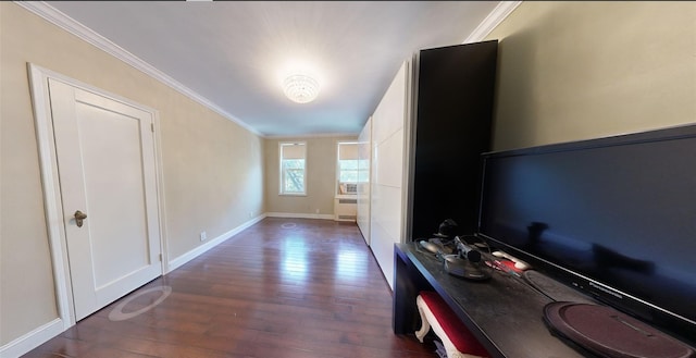 9410 64th Rd Unit B6, Rego Park, NY 11374 - corridor featuring dark wood finished floors, crown molding, radiator, and baseboards