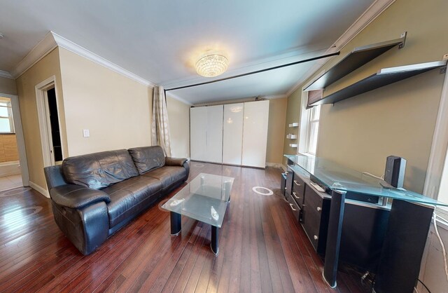 9410 64th Rd Unit B6, Rego Park, NY 11374 - living area featuring ornamental molding, dark wood-style floors, and baseboards