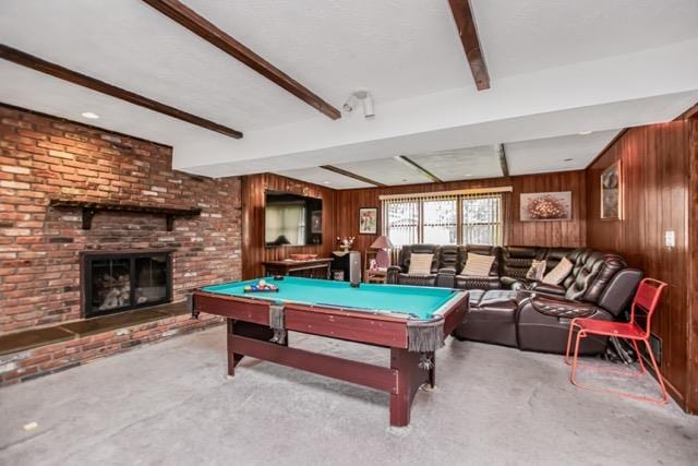 127 Parkview Rd, Elmsford, NY 10523 - rec room featuring wood walls, beamed ceiling, a brick fireplace, and pool table