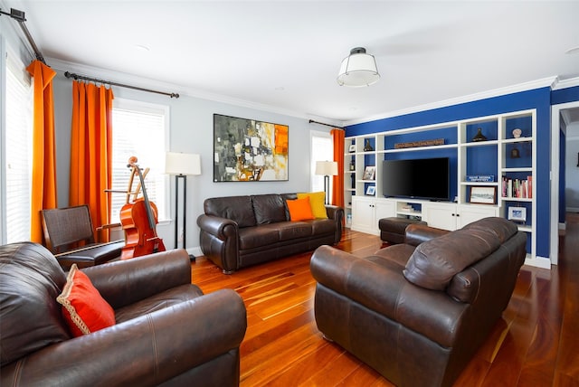 19 Bush Creek Ln, Poughquag, NY 12570 - living area featuring crown molding, wood finished floors, baseboards, and built in shelves