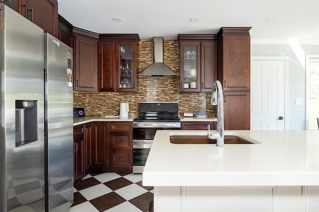 19 Bush Creek Ln, Poughquag, NY 12570 - kitchen with stainless steel appliances, wall chimney range hood, light countertops, a sink, and backsplash