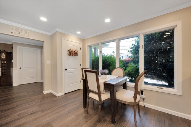 2985 Cheryl Rd, Merrick, NY 11566 - dining room with baseboards, dark wood-style floors, crown molding, and recessed lighting