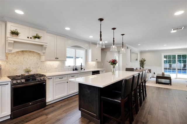 2985 Cheryl Rd, Merrick, NY 11566 - kitchen featuring stainless steel gas stove, custom exhaust hood, white cabinetry, a sink, and wainscoting
