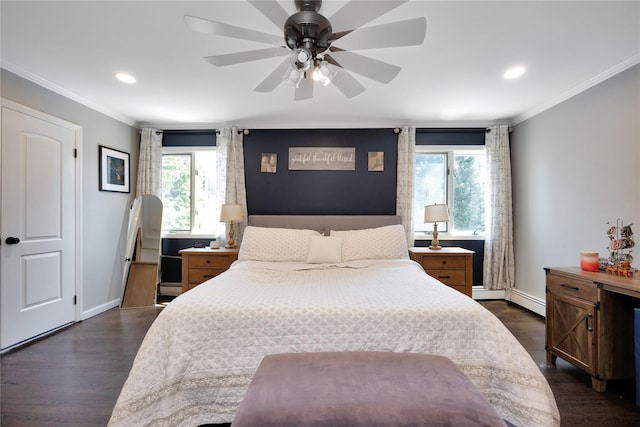 2985 Cheryl Rd, Merrick, NY 11566 - bedroom featuring ornamental molding, multiple windows, dark wood-type flooring, recessed lighting, and baseboard heating